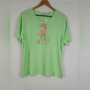 Quacker Factory NWT  Short Sleeve T Shirt Knit Top Large Flamingo A352919